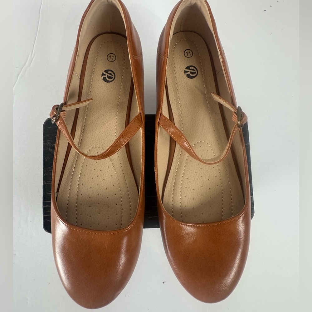 Mary Jane Flats Cognac Brown Ballet Flats Buckle Strap Comfort Shoes Women’s 11 - Picture 2 of 6
